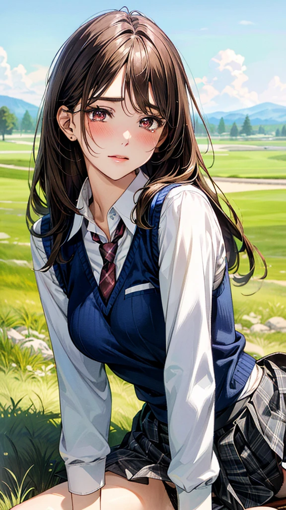 (masterpiece:1.3, top-quality), ultra high res, ultra detailed, (realistic, photorealistic:1.4), beautiful illustration, perfect lighting, colorful, depth of fields, 
looking at viewer, (face focus, upper body), 1 girl, solo, hight school girl, gravure model, (large breasts:0.8, large ass, seductive thighs, skindentation),
(long hair:1.2, straight hair:1.2, (saddle-brown colored) hair), swept bangs, (brown) eyes, drooping eyes, big eyes, shiny skin, slender, 
beautiful hair, beautiful face, extremely detailed face, beautiful detailed eyes, beautiful clavicle, beautiful body, beautiful chest, beautiful thigh, beautiful legs, beautiful fingers, 
(detailed cloth texture, (navy knit vest), grey plaid tie, collared long sleeve white shirt, grey plaid pleated skirt), black socks, white panties, 
(beautiful scenery), morning, In a grassy meadow, a girl is on all fours and a dog is hugging her from behind, holding her back and holding her close at the waist.
Her face is bright red and flushed, her eyes are closed, her mouth is open and she cries out.