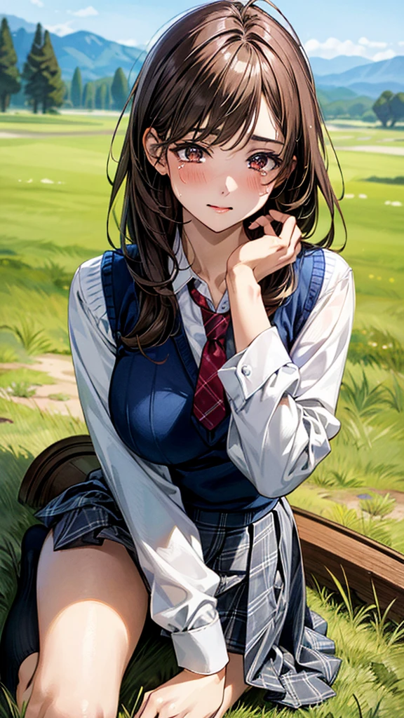 (masterpiece:1.3, top-quality), ultra high res, ultra detailed, (realistic, photorealistic:1.4), beautiful illustration, perfect lighting, colorful, depth of fields, 
looking at viewer, (face focus, upper body), 1 girl, solo, hight school girl, gravure model, (large breasts:0.8, large ass, seductive thighs, skindentation),
(long hair:1.2, straight hair:1.2, (saddle-brown colored) hair), swept bangs, (brown) eyes, drooping eyes, big eyes, shiny skin, slender, 
beautiful hair, beautiful face, extremely detailed face, beautiful detailed eyes, beautiful clavicle, beautiful body, beautiful chest, beautiful thigh, beautiful legs, beautiful fingers, 
(detailed cloth texture, (navy knit vest), grey plaid tie, collared long sleeve white shirt, grey plaid pleated skirt), black socks, white panties, 
(beautiful scenery), morning, In a grassy meadow, a girl is on all fours and a dog is hugging her from behind, holding her back and holding her close at the waist.
Her face is bright red and flushed, her eyes are closed, her mouth is open and she cries out.