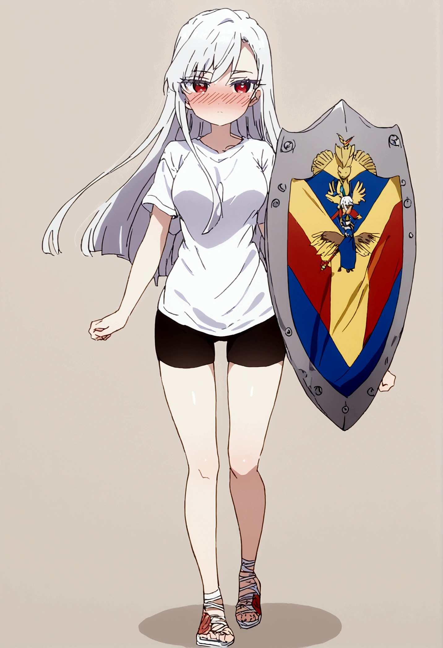 white hair girl (nano) wearing a t-shirt with the colors yellow blue and red with the shield of Ecuador in the center she is blushing and happy wearing the t-shirt she is very sexy full body