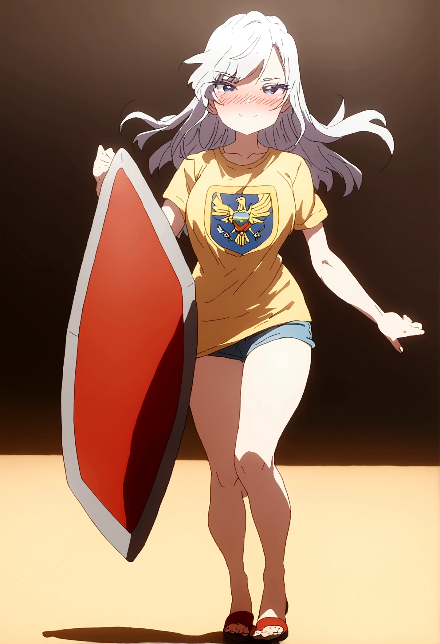 white hair girl (nano) wearing a t-shirt with the colors yellow blue and red with the shield of Ecuador in the center she is blushing and happy wearing the t-shirt she is very sexy full body