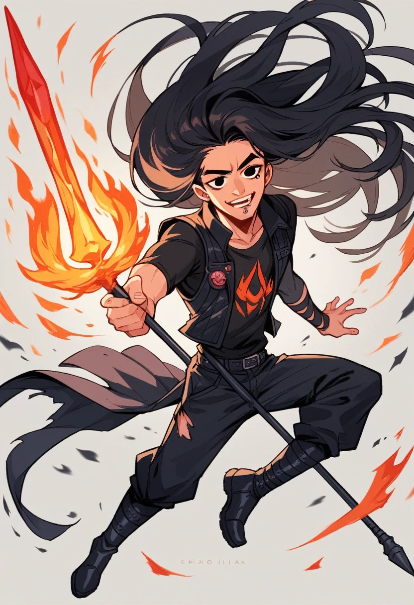 1 chico, Alone, youthful attitude, black hair, long hair, black eyes, lower lip piercing, seductive laugh, black rocker vest, black long sleeve t-shirt, black pants, big black boots, holding the spear of the god hades, destroyed place pir battle science fiction, darkness, fire illuminated the place