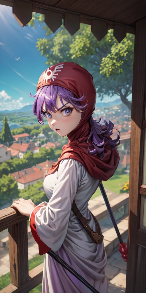 masterpiece, best quality, 4k, 8k, dqPom, red hood, purple hair, robe, upper body, standing, holding staff, sky, garden, looking at viewer, from above, angry 