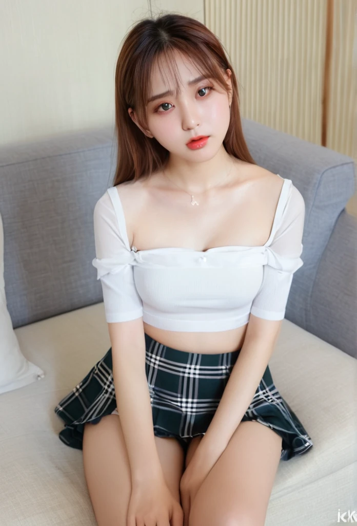 ((Highest quality, 8K, masterpiece:1.3)), concentrate: 1.2, Ephemeral、19 years old、university student、beauty: 1.4, Center parting、chest: 1.2、 Big white shirt、hot pants、Highly detailed face and skin texture, Delicate eyes, double eyelid,Fair skin、Sad face、 Sitting on a sofa in a cute room、Selfie、Looking down at the viewer、Underwear visible under the skirt、Thick thighs