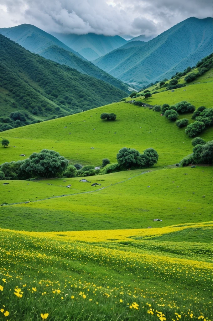 Stunning cinamatic photography of rainy season on hills.flowers all around the vally.rain drops on flowers.green trees beautiful scene cloudy weather in full size