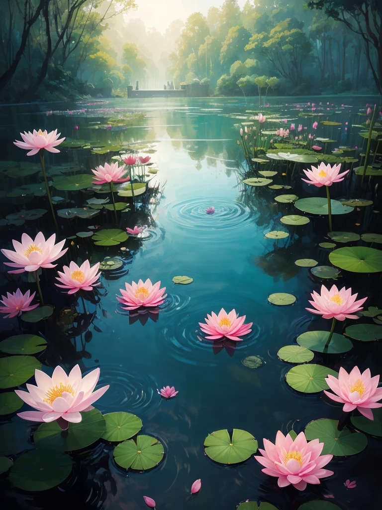 flowers floating in a pool of water with candles and water droplets, 🌺 cgsociety, beautiful depiction, beautiful illustration, by Yang J, waterlily mecha nymphaea, beautiful digital illustration, ross tran. scenic background, water lilies, beautiful digital painting, by Ni Tian, lotus flowers, with lotus flowers, beautiful artist rendering, beautiful!!! digital art