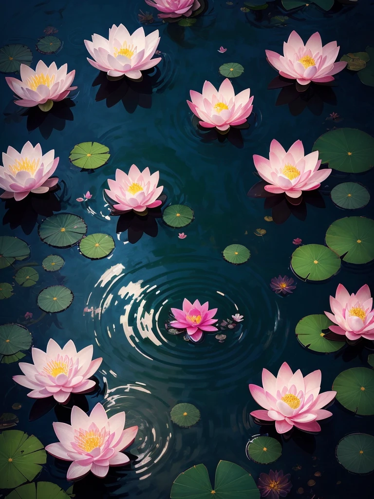 flowers floating in a pool of water with candles and water droplets, a digital painting by Yang J, trending on cgsociety, conceptual art, 🌺 cgsociety, beautiful depiction, beautiful illustration, waterlily mecha nymphaea, beautiful digital illustration, ross tran. scenic background, water lilies, beautiful digital painting, lotus flowers, with lotus flowers