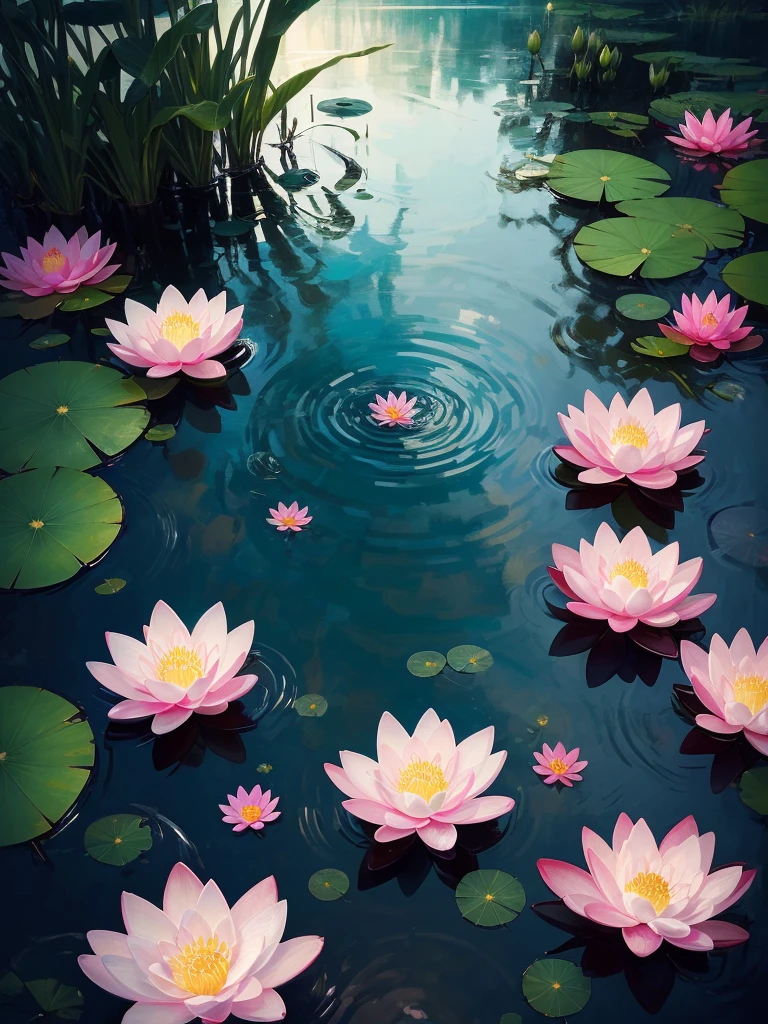 flowers floating in a pool of water with candles and water droplets, a digital painting by Yang J, trending on cgsociety, conceptual art, 🌺 cgsociety, beautiful depiction, beautiful illustration, waterlily mecha nymphaea, beautiful digital illustration, ross tran. scenic background, water lilies, beautiful digital painting, lotus flowers, with lotus flowers