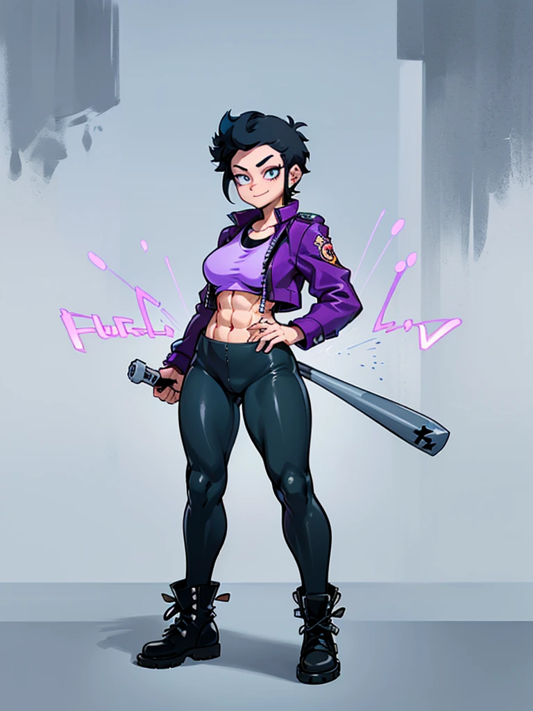 (((My Hero Academia Style))), (((Bibi))), (((Brawl Stars))), (((1girl))), (((female))), (((punk Girl))), (((punk))), (((Wide hips))), (((wide thighs))), (((medium breasts))), (((blue spiked leather jacket))), (((blue leather jacket))), (( (leather jacket with spikes))), (((lilac top tank))), (((top tank))), (((Abs))), (((exposed abdomen))), (((marked abdomen))), (((tight leggings black))), (((tight leggings))), (((black leggings))), (((baseball bat))), (((Holding a baseball bat))), (((holding a bat))), (((shark smile))), (((lilac eyes))), (((evil smile))), (((Black calf-high combat boots))), (((calf-high boots))), (((black calf-high boots))), (((combat boots))), (((combat boots black))), (((black boots))), (((calf-high combat boots))), (((hair black))), (((pompadour hairstyle))), (((black hair pompadour hairstyle))), (((perfect anatomy))), (((perfect hands))), (((super detailed))), ( ((full body photo:1.5))), (((cowboy shot:1.5))),