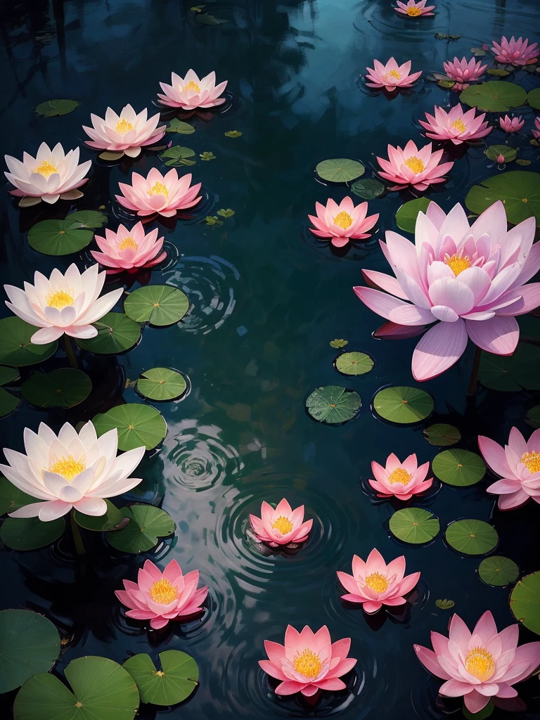 flowers floating in a pool of water with candles and water droplets, 🌺 cgsociety, beautiful depiction, beautiful illustration, by Yang J, waterlily mecha nymphaea, beautiful digital illustration, ross tran. scenic background, water lilies, beautiful digital painting, by Ni Tian, lotus flowers, with lotus flowers, beautiful artist rendering, beautiful!!! digital art