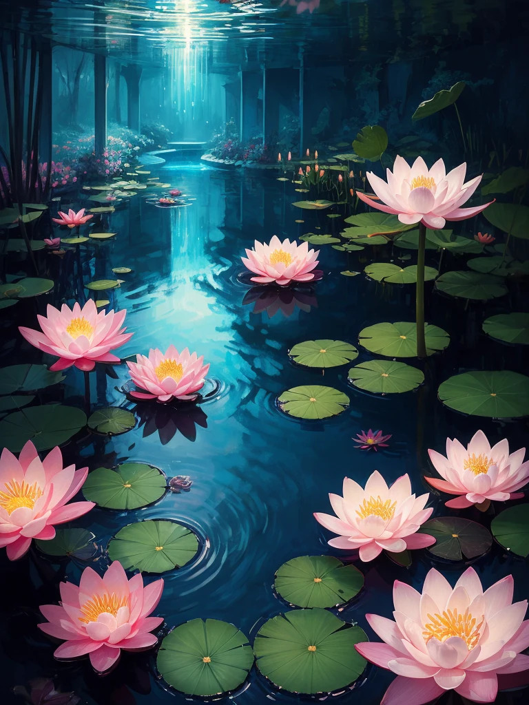 flowers floating in a pool of water with candles and water droplets, 🌺 cgsociety, beautiful depiction, beautiful illustration, by Yang J, waterlily mecha nymphaea, beautiful digital illustration, ross tran. scenic background, water lilies, beautiful digital painting, by Ni Tian, lotus flowers, with lotus flowers, beautiful artist rendering, beautiful!!! digital art