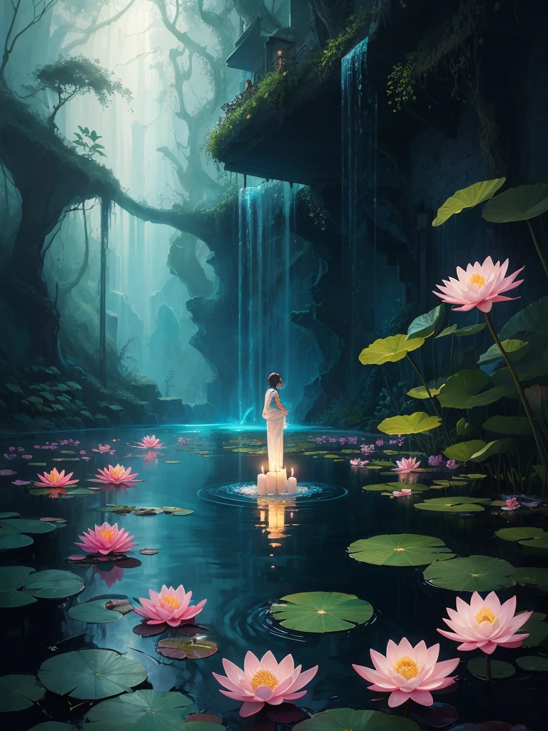 flowers floating in a pool of water with candles and water droplets, 🌺 cgsociety, beautiful depiction, beautiful illustration, by Yang J, waterlily mecha nymphaea, beautiful digital illustration, ross tran. scenic background, water lilies, beautiful digital painting, by Ni Tian, lotus flowers, with lotus flowers, beautiful artist rendering, beautiful!!! digital art