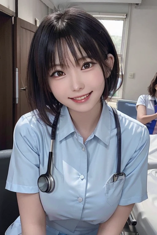205 ((short hair)), 20-year-old female, Surrealism, Flower Smile、Gums are visible、Beautiful teeth alignment、Black Hair、ear piercing、nurse、nurse's uniform、Big Breasts、Stethoscope、Smiling with teeth showing、The background is in the room、Mask on mouth