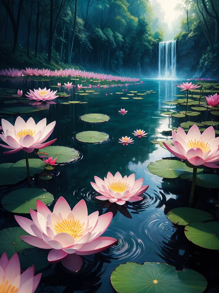 flowers floating in a pool of water with candles and water droplets, a digital painting by Yang J, trending on cgsociety, conceptual art, 🌺 cgsociety, beautiful depiction, beautiful illustration, waterlily mecha nymphaea, beautiful digital illustration, ross tran. scenic background, water lilies, beautiful digital painting, lotus flowers, with lotus flowers