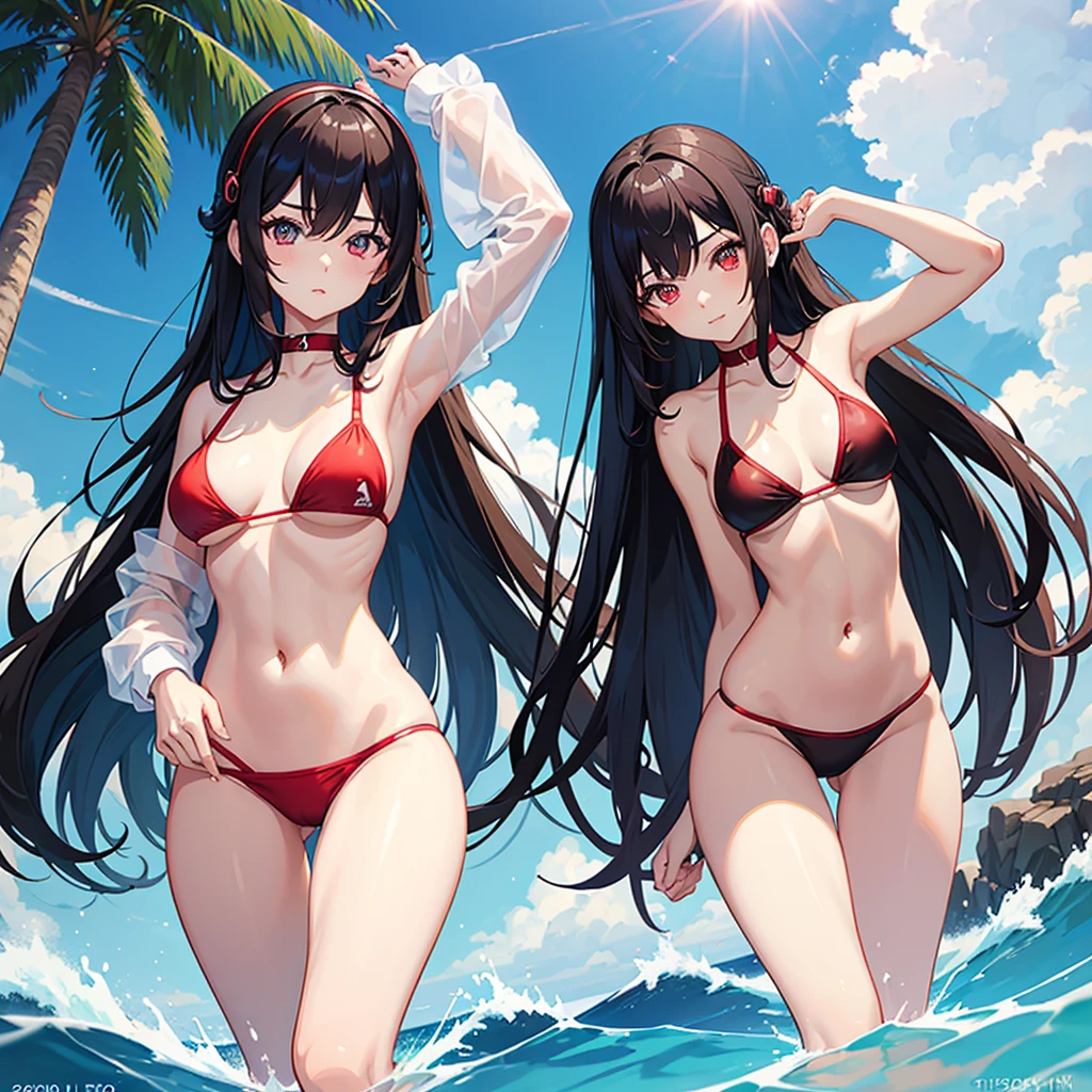 A 20 year old girl named Lenzi. Lenzi is a asian anime girl with a long dark hair. A slim body top to bottom. A red pupil eyes and she has a beautiful face and also cute, Lenzi also wear a blue light string bikini and a headset and she at beach ,