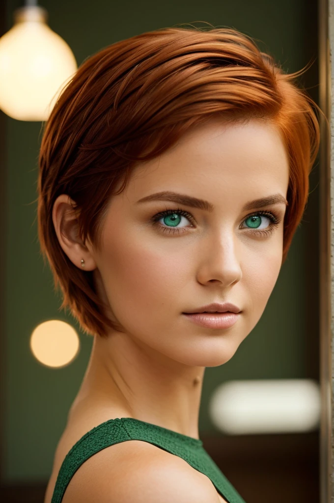 Woman with short copper hair above the shoulders, light green eyes and American features