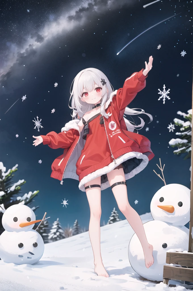 1 Girl, Clara \(Collapse: Star Trails\), Solitary, Red Eyes, whole body, permanent, Looking at the audience, Red Jacket, White Dress, Separate collar, sweater, snow, outdoor, snowman, A faint smile, barefoot, Thigh straps