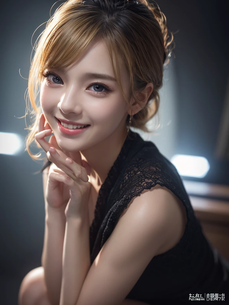 (top-quality、8K、32k、masuter piece、nffsw:1.2)、profile、(slim figure:1.2)、(s lips) 、age19、Incredibly ridiculous、(kawaii pose:1.3)、museum、a blond、double eyelid、shinny skin、Realistic rayare、beauitful face、(A smile:1.3)、crouching down、(From above:1.2)、(a closeup:1.4)、blurry backround、(Front Focus)、(dark: 1.6)、Fantasy Art、photoRealstic、Professional Lighting、extra detailed face、Award-winning、deep-shadows