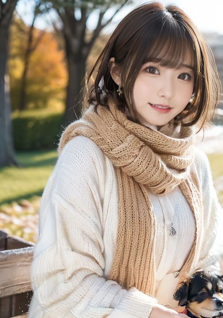 Being with a dog、A girl and a dog warming themselves by a bonfire、Lens flare、Hair blowing in the wind、Medium Short Hair、Fluffy scarf in warm colors、Expressing the whiteness of one's breath、Photo from the waist up、Night city illumination shot、Cowgirl Shot、Fur coat、豪華なグレーのミンクのFur coat、Wear fine leather boots、Luxury Bags、Inner turtleneck、Silver necklace and small silver earrings Millionaire style:1.4))、Full body photo、smile、 Caustics、Highly detailed photos、Very beautiful woman 、Ample breasts、No makeup、(8K、RAW Photos、Highest quality、masterpiece:1.2)、(Realistic、Realistic)、1 Girl、((Medium Short Hair、Midwinter、Cold region Snow falling、The wind is blowing、Fluttering Hair、Blur the background、Colorful illuminations、Looking into the camera:1.4))、