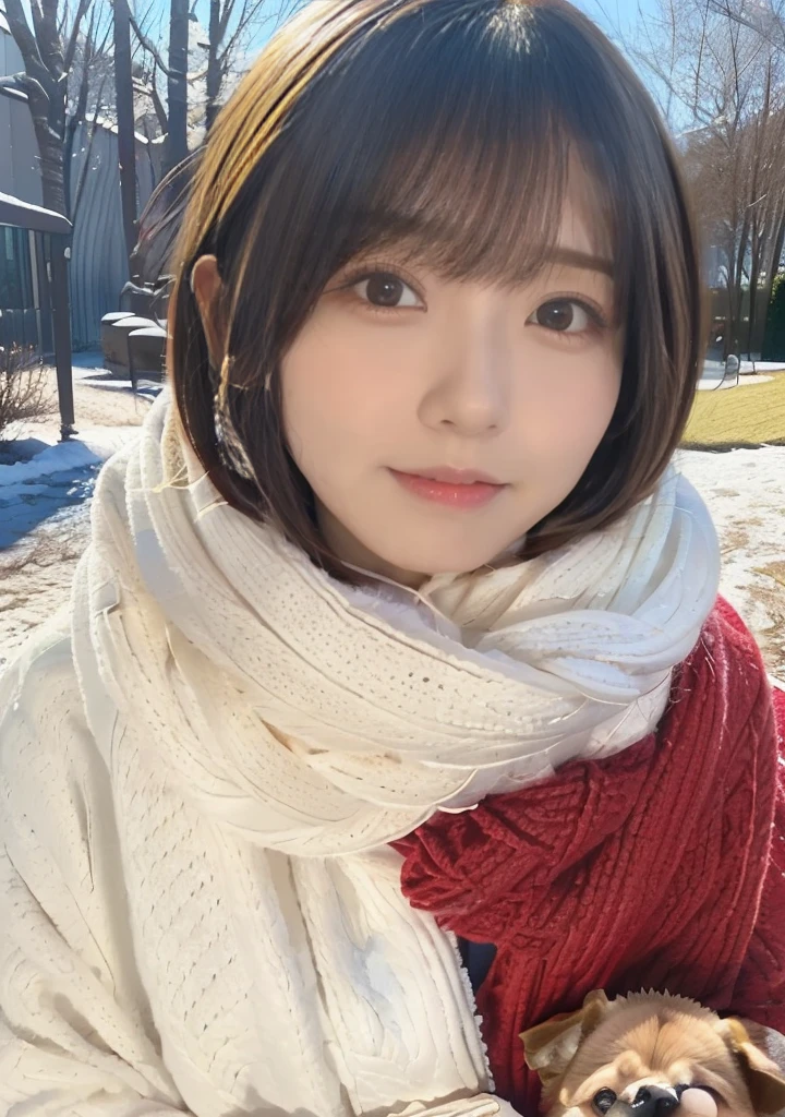 Being with a dog、A girl and a dog warming themselves by a bonfire、Lens flare、Hair blowing in the wind、Medium Short Hair、Fluffy scarf in warm colors、Expressing the whiteness of one's breath、Photo from the waist up、Night city illumination shot、Cowgirl Shot、Fur coat、豪華なグレーのミンクのFur coat、Wear fine leather boots、Luxury Bags、Inner turtleneck、Silver necklace and small silver earrings Millionaire style:1.4))、Full body photo、smile、 Caustics、Highly detailed photos、Very beautiful woman 、Ample breasts、No makeup、(8K、RAW Photos、Highest quality、masterpiece:1.2)、(Realistic、Realistic)、1 Girl、((Medium Short Hair、Midwinter、Cold region Snow falling、The wind is blowing、Fluttering Hair、Blur the background、Colorful illuminations、Looking into the camera:1.4))、