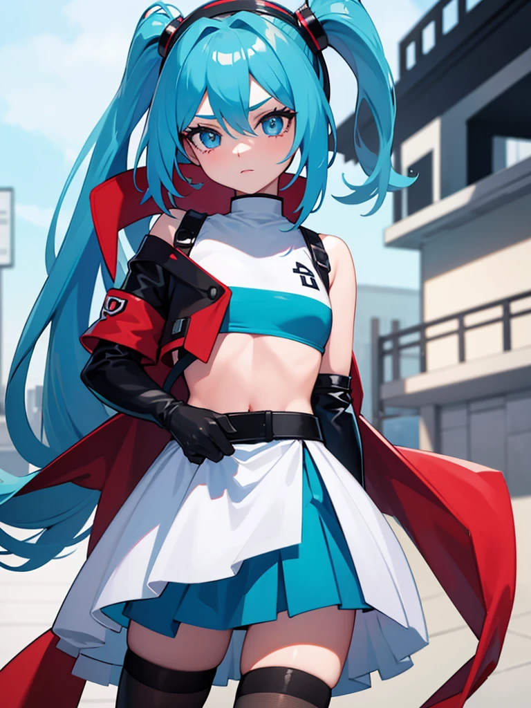1girl, cyan hair, blue eyes, team rocket, team rocket uniform, red letter R, white skirt,white crop top, black thigh-highs, black elbow gloves