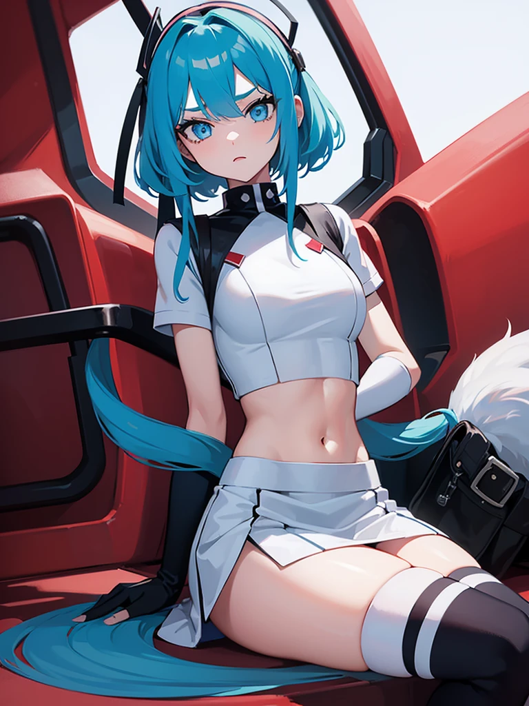 1girl, cyan hair, blue eyes, team rocket, team rocket uniform, red letter R, white skirt,white crop top, black thigh-highs, black elbow gloves