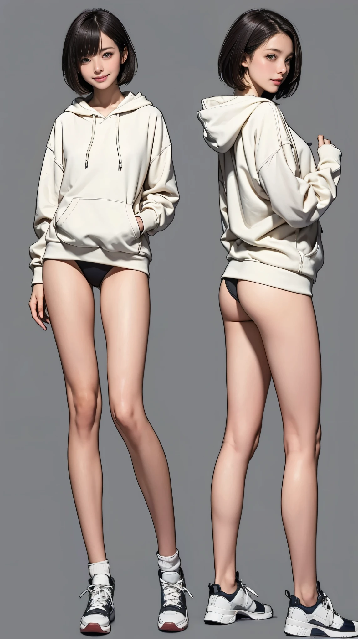 ((masterpiece)),(((Highest quality))),((Character design sheet)), Thin thighs,Long legs,18 year old Japanese girl, Cute type,The best smile:1.5,white long hoodie:1.5, Black panties in full view 1.5,Very short hair , (Highly detailed skin), The background is gray,Tuck up your clothes:1.5,Wearing a hood:1.5,Sexy pose with butt sticking out:1.5,Wearing white sneakers:1.5,I'm not wearing a skirt:1.5,