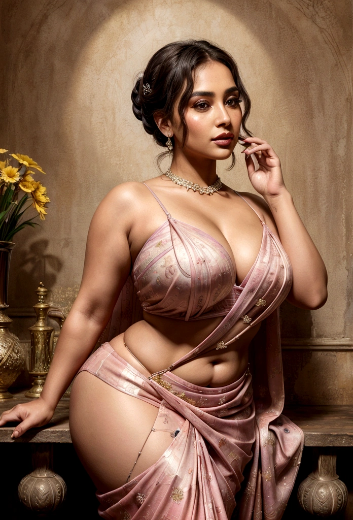 A Captivating Watercolor Painting Of A Radiant 35-Year-Old Daesi Bsdusty Sednsual Curvy Woman, Exuding Confidence, Happiness, And Sesxiness. She Dons A Stunning Pink Saree With A Sleeveless White Blouse, Revealing Her Elegant V-Neck And Showcasing Her Alluring Figure With Her Huge Bsust, The Artist's Exceptional Skill Is Evident In The Detailed And Precise Work, Resulting In High Clarity And A Vivid Portrayal. The Vibrant Colors, Reminiscent Of Vincent Van Gogh's Masterpieces, Evoke A Sense Of The Subject's Captivating Essence, Making The Viewer Feel Immersed In Her Confidence And Allure., Ill