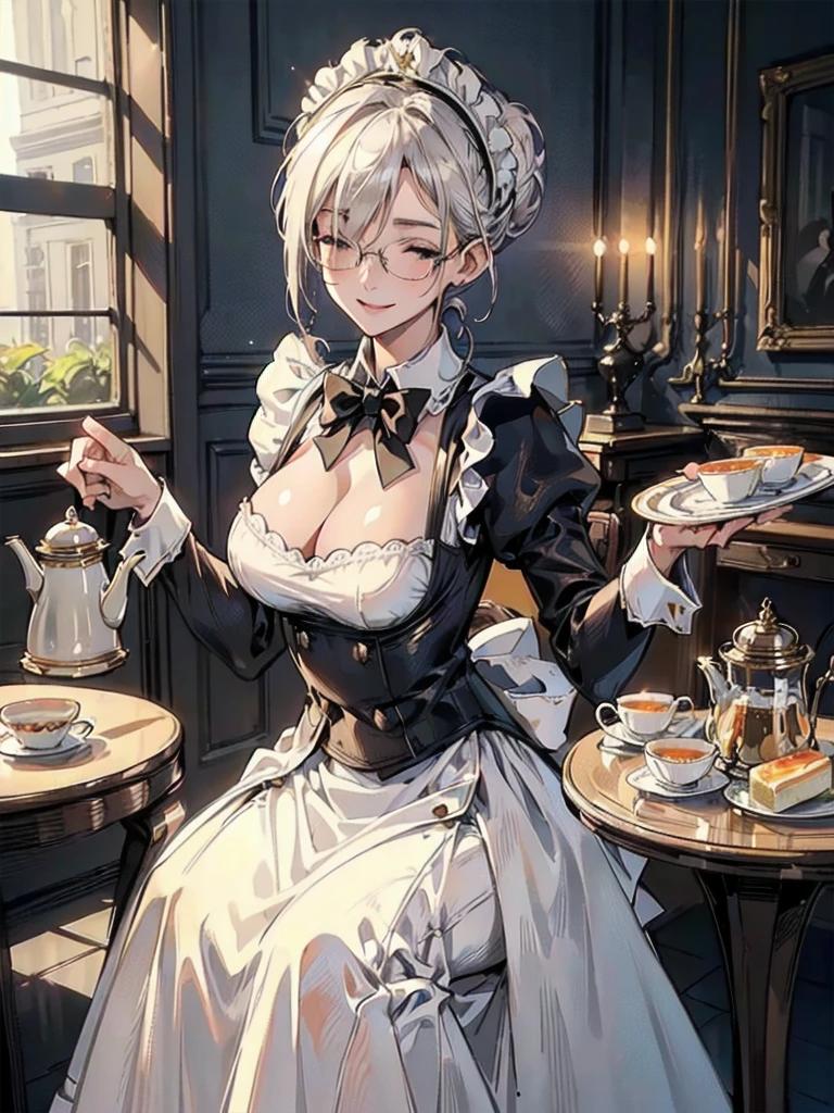 (best quality, masterpiece), (ultra high resolution, 8K RAW photo, photo realistics:1.5, cinematic lighting, textile shading, thin outline, clear focus:1.2), Beautuful Matured woman preparing tea_party in the garden, standing by the round table, serving a cup of tea, leaning forward, (meisen's tea set, tea pot, tea cups, some cakes on dish), delicate and classy French style white table with gold accents and royal_blue, (wearing light_brown maid uniform:1.7, breast cleavage, maid costume:1.2, long flare skirts, apron, bow ties on the chest), long tall sally, long legs, white hair, (wearing thin-flame glasses:1.2), (milf:1.5, 28 years old, solo), (large breast, sagging breast, big tits, narrow waist), (medium short white hair, hair over one eye, (updo hair:1.2), side lock, asymmetric hair, wavy hair), (fine bright pupils, high detailed eyes with highlight:1.3, high detailed face, Perfect face shape, eye rush), (seductitve smiling, half-closing eyes:1.2), (looking at viewers:1.3), (dutch angle, full body:0.7, from below:1.2), ((correct anatomy:1.5, correct hands)), (ideal ratio of body proportions), (outdoor:1.2, grass field),