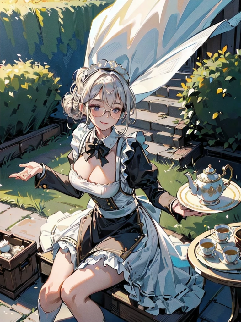 (best quality, masterpiece), (ultra high resolution, 8K RAW photo, photo realistics:1.5, cinematic lighting, textile shading, thin outline, clear focus:1.2), Beautuful Matured woman preparing tea_party in the garden, standing by the round table, serving a cup of tea, leaning forward, (meisen's tea set, tea pot, tea cups, some cakes on dish), delicate and classy French style white table with gold accents and royal_blue, (wearing light_brown maid uniform:1.7, breast cleavage, maid costume:1.2, long flare skirts, apron, bow ties on the chest), long tall sally, long legs, white hair, (wearing thin-flame glasses:1.2), (milf:1.5, 28 years old, solo), (large breast, sagging breast, big tits, narrow waist), (medium short white hair, hair over one eye, (updo hair:1.2), side lock, asymmetric hair, wavy hair), (fine bright pupils, high detailed eyes with highlight:1.3, high detailed face, Perfect face shape, eye rush), (seductitve smiling, half-closing eyes:1.2), (looking at viewers:1.3), (dutch angle, full body:0.7, from below:1.2), ((correct anatomy:1.5, correct hands)), (ideal ratio of body proportions), (outdoor:1.2, grass field),