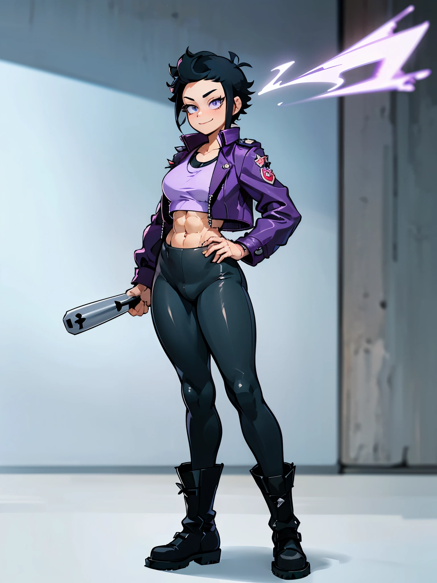 (((My Hero Academia Style))), (((Bibi))), (((Brawl Stars))), (((1girl))), (((female))), (((punk Girl))), (((punk))), (((Wide hips))), (((wide thighs))), (((medium breasts))), (((blue spiked leather jacket))), (((blue leather jacket))), (( (leather jacket with spikes))), (((lilac top tank))), (((top tank))), (((Abs))), (((exposed abdomen))), (((marked abdomen))), (((tight leggings black))), (((tight leggings))), (((black leggings))), (((baseball bat))), (((Holding a baseball bat))), (((holding a bat))), (((shark smile))), (((lilac eyes))), (((evil smile))), (((Black calf-high combat boots))), (((calf-high boots))), (((black calf-high boots))), (((combat boots))), (((combat boots black))), (((black boots))), (((calf-high combat boots))), (((hair black))), (((pompadour hairstyle))), (((black hair pompadour hairstyle))), (((perfect anatomy))), (((perfect hands))), (((super detailed))), ( ((full body photo:1.5))), (((cowboy shot:1.5))),