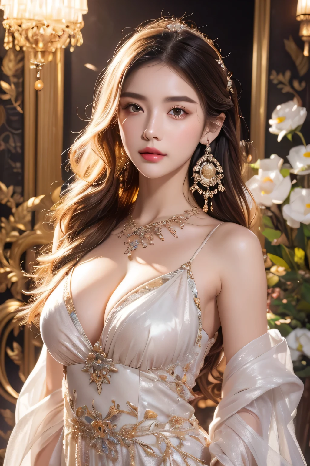 High-quality work,Realistic works,Super premium graphics,8K HD CG works,high quality graphics,High-definition and exquisite CG works,10x pixels,Ultra-fine details:1.1,Advanced technical details:1.1Realistic photo effects,Interior lighting effects:1.5,natural soft light:1.5. Light effect(Virtual light effects:1.8),ultra high resolution,shining dress,sliver long hair,silber hair,transparenthair,high detailed hair(Quality hair details:1.1)Clear eyes,Double eyelids look good,Sharp eye makeup, Create exquisite eyelash makeup, tthin eyebrows, Ultra-detailed eyes,a tall nose, lovely red lips, rosey cheeks, With delicate makeup on her face , pretty face, The face shape is perfectly proportioned,(Advanced facial details:1.1)(masterpiece、highest quality、highest quality、Official Art、Beautiful and aesthetic:1.2)、(One girl:1.3)、Very detailed、(fractal art:1.1)、(colorful:1.1)(flower:1.3)、Most detailed、(Zentangle:1.2)、(Dynamic pose)、(Abstract Background:1.3)、(China dress:1.hiny skin)、(Many colors:1.4)、、(Earrings:1.4)、,Women's artwork,Dress full body video,Realism,Amazing Cleavyes are very bright today