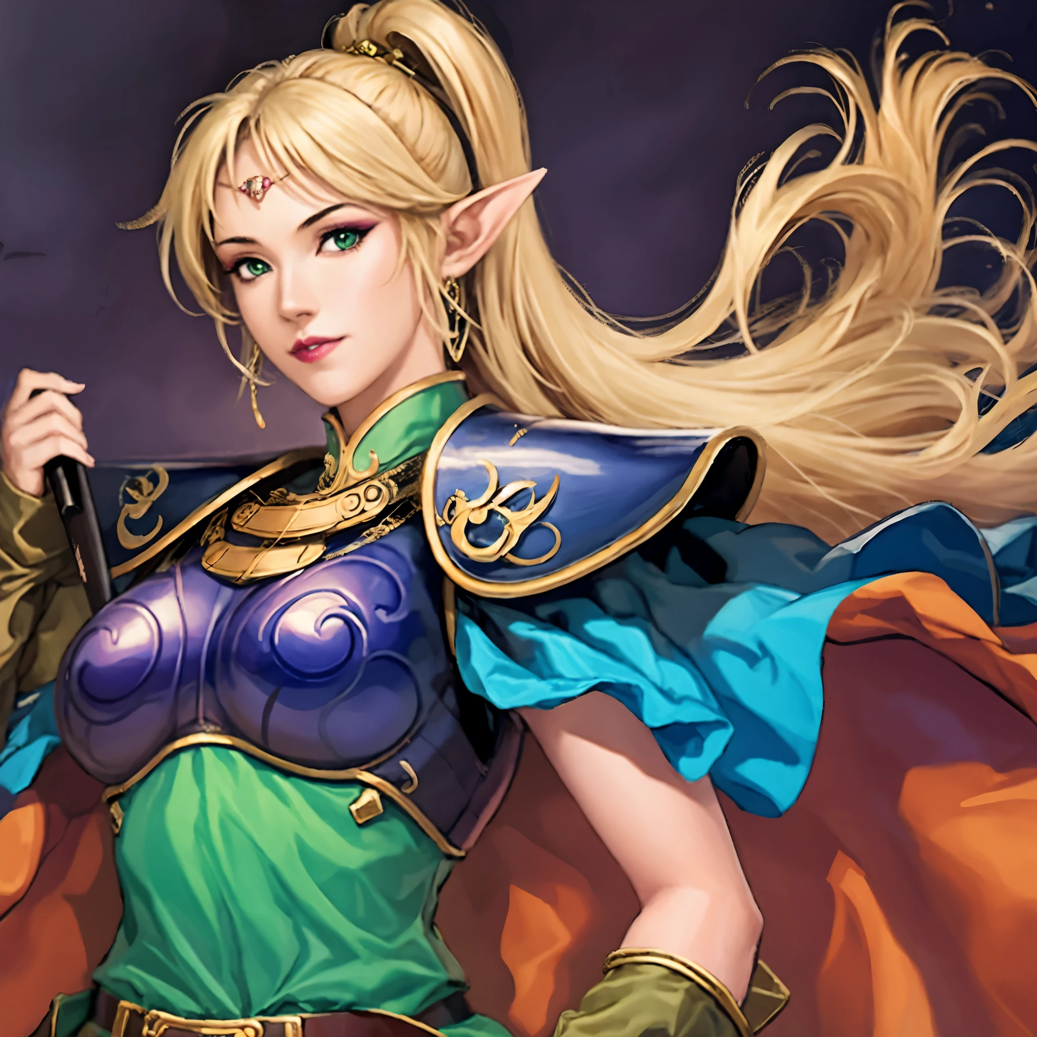 1girl:1.5, masterpiece, best quality, best detail, best proportion, best anatomy, best face, best shaped breasts, sangokushi11, upper body, face, ANI_CLASSIC_deedlit_ownwaifu, www.ownwaifu.com, pointy ears, blonde hair, long hair, elf, circlet, green eyes, long pointy ears, very long hair, breasts, medium breasts, earrings, lips, makeup, bangs, cape, armor, blue cape, shoulder armor, pauldrons, gloves, breastplate, belt, green dress, short dress,
