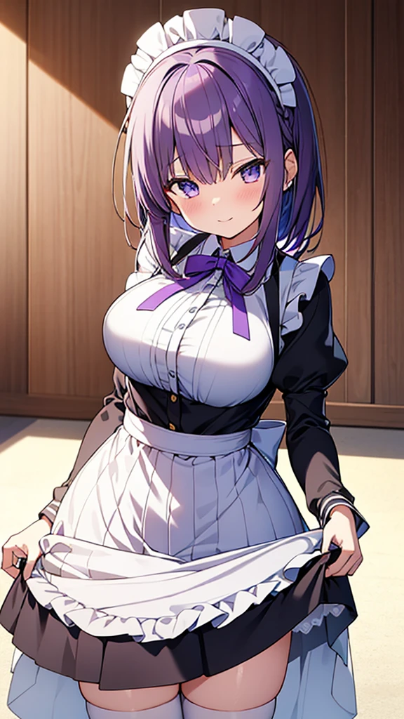 最high quality, high quality, 16K, Ultra-detailed details, pretty girl, alone, beautiful purple hair, Beautiful purple eyes, Big Breasts, A light smile, Maid clothes, I'm lifting my skirt, Striped underwear, My crotch is wet with love juice, {{メイドの顔と服を奪いメイドに成り代わってるサキュバス}}, NSFW