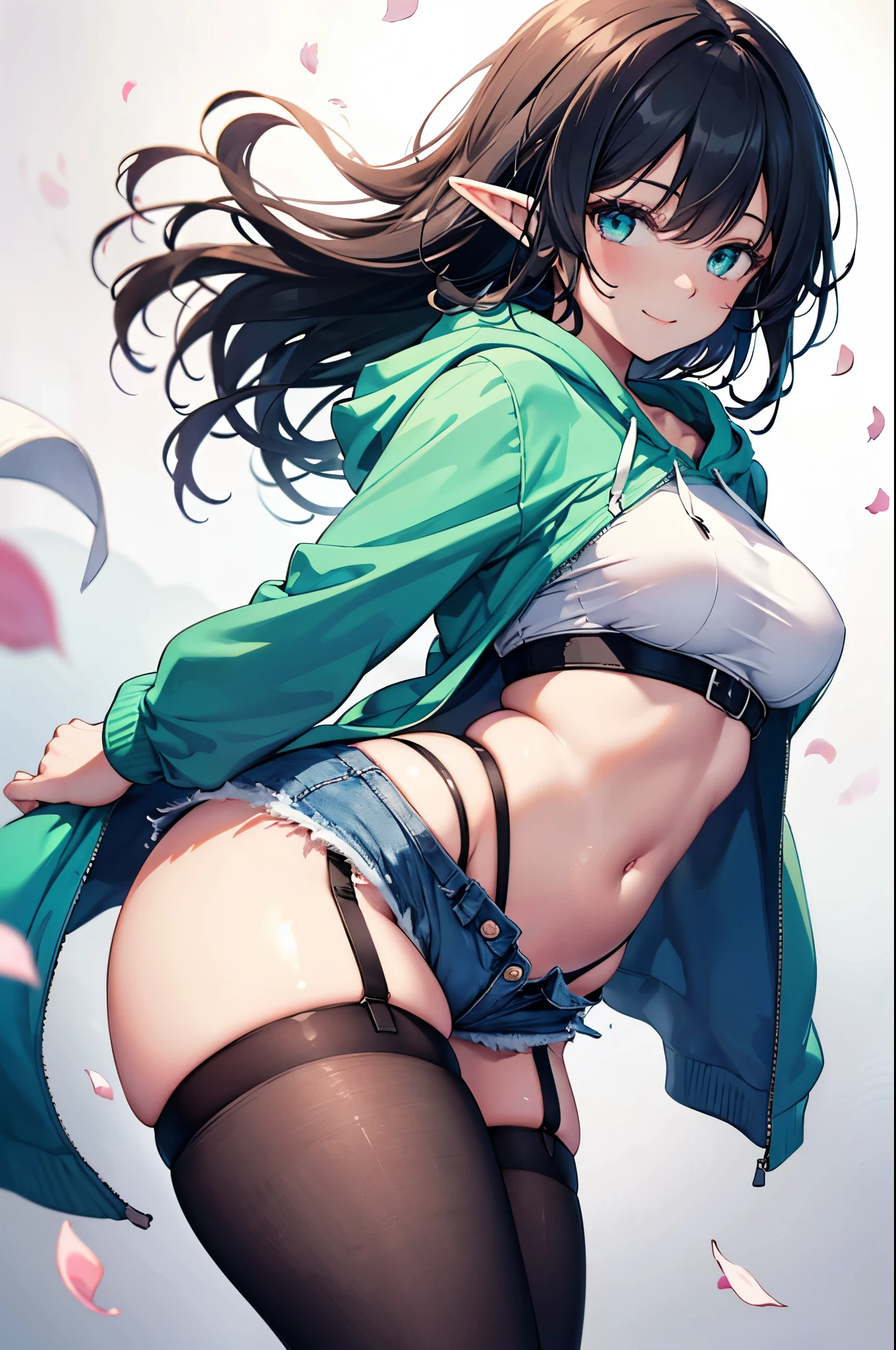 realistic image, detailed image, coherent image, 1 elf, has very long hair, black hair, turquoise eyes, smiling, showing her legs, She has a curvy body, medium breasts and thick thighs, she is wearing a hoodie, mini denim shorts, mid-thigh stockings, garter belts, She is posing sensually, arching her back, sprouting buttocks, falling flower petals, background surrounded by flowers, soft focus, dramatic shadows, volumetric lighting, natural lighting, artificial lighting, white background