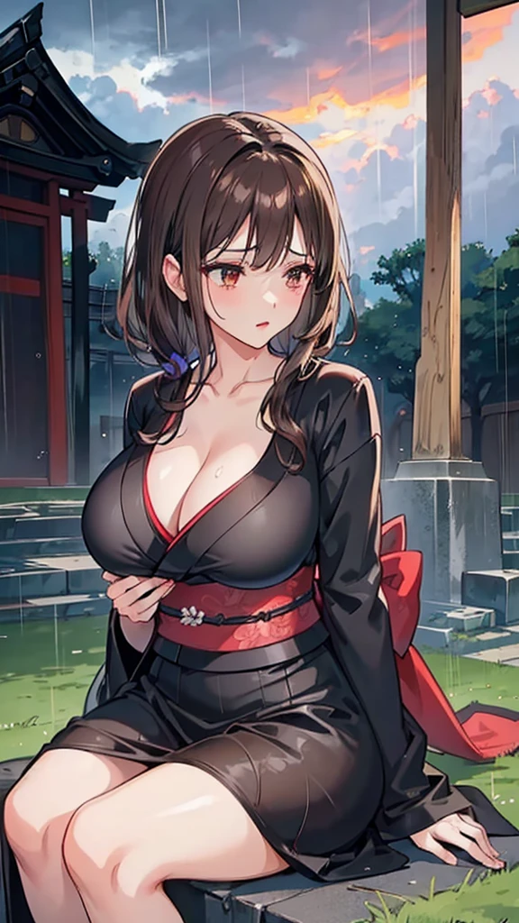 Wife 30 years old,widow,tie up brown hair,Black Kimono,Lipstick,Huge big breasts,rain,cloudy day,sorrow,sit down,Disheveled,Showing cleavage,Soaked all over,Japan Cemetery