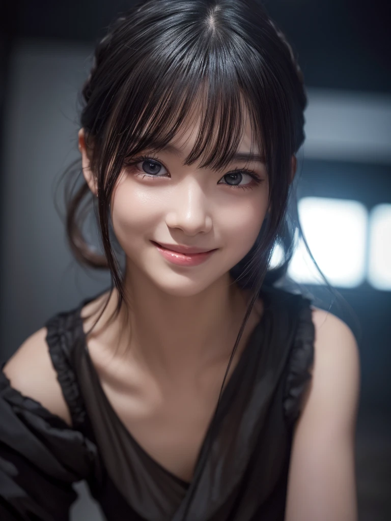 (top-quality、8K、32k、masuter piece、nffsw:1.2)、profile、(slim figure:1.2)、(s lips) 、age19、Incredibly ridiculous、(kawaii pose:1.3)、museum、a blond、double eyelid、shinny skin、Realistic rayare、beauitful face、(A smile:1.3)、crouching down、(From  above:1.2)、(a closeup:1.4)、blurry backround、(Front Focus)、(dark: 1.6)、Fantasy Art、photoRealstic、Professional Lighting、extra detailed face、Award-winning、deep-shadows