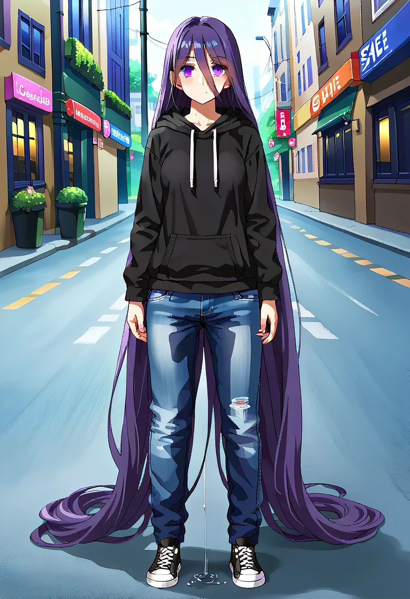 (masterpiece:1.37), best quality, (extremely detailed:1.37) woman, (adult:1.5), (very long hair:1.5), dark purple hair, purple eyes, (extremely detailed eyes:1.37), breasts, hoodie, jeans, (wetting:2.0), standing straight, full body day, daytime, glow, facing viewer, perfect composition, full body, city, street, anime style