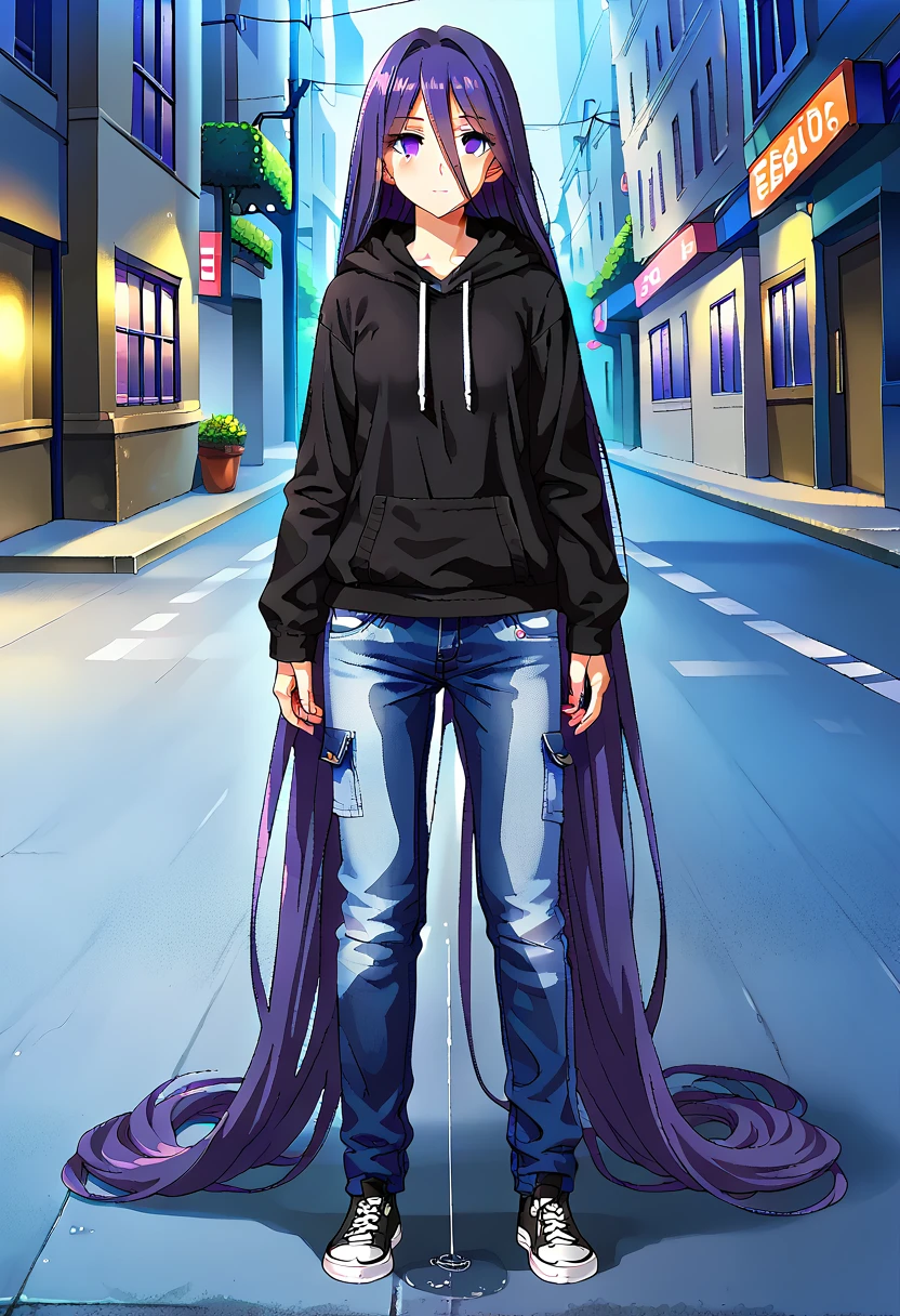 (masterpiece:1.37), best quality, (extremely detailed:1.37) woman, (adult:1.5), (very long hair:1.5), dark purple hair, purple eyes, (extremely detailed eyes:1.37), breasts, hoodie, jeans, (wetting:2.0), standing straight, full body day, daytime, glow, facing viewer, perfect composition, full body, city, street, anime style