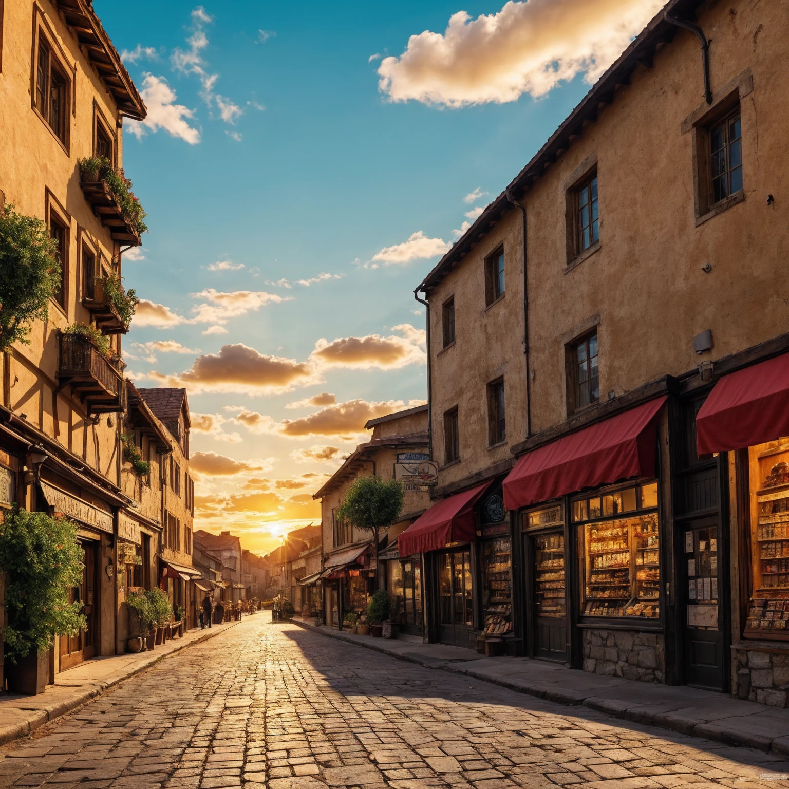 anime background, anime wallpaper, anime, anime style, lofi, lofi style, medieval street, mountains, uphill, medieval architecture, medieval convenience store, big retro medieval shop signs, retro medieval store, trees, plants, rocks, plant pots, shop signs, medieval banners like (guild, blacksmith, alchemist, restaurant), medieval signs, flags, sunrise, golden hour, golden lighting, empty street, no one in sight (no one: 1)