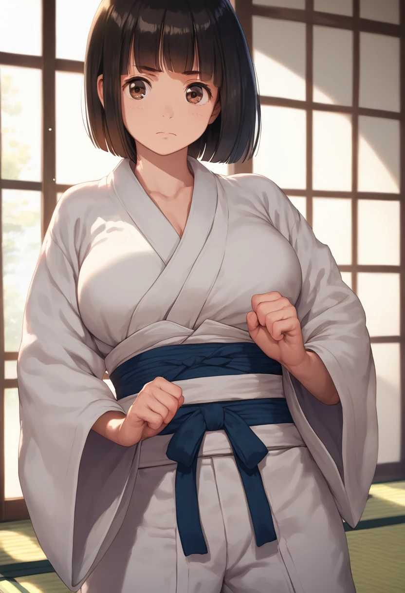 score_9,score_8_up,score_7_up,masterpiece,best quality, source anime, realistic, super detailed, extreme detailed, rating_explicit,
1girl, solo, 22yo, short hair, bob cut, (blunt bangs), black hair, (tareme, detailed cute brown eyes), curled eyelashes, (large breasts:0.9),
shiny hair, beautiful detailed eyes, beautiful face,
judo wear, female judo, fighting pose, Serious, nervous, cowboy shot,
Budokan, tatami,