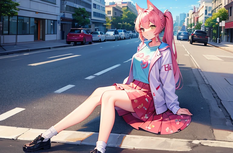 Kizi, beautiful and beautiful, nova, lovely gaze, overskirt, jaket, shirt with print, long two-color socks, Cat's ears, defined body, in the middle of the street