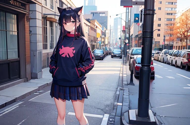 Kizi, beautiful and beautiful, nova, lovely gaze, overskirt, jaket, shirt with print, long two-color socks, Cat's ears, defined body, in the middle of the street
