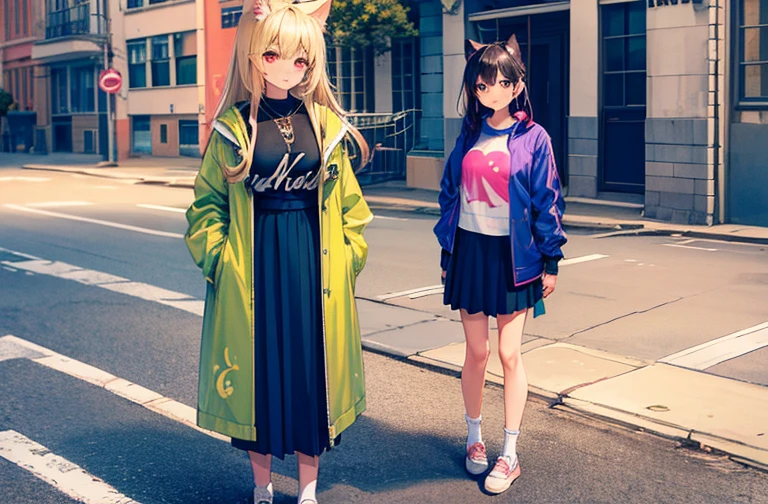 Kizi, beautiful and beautiful, nova, lovely gaze, overskirt, jaket, shirt with print, long two-color socks, Cat's ears, defined body, in the middle of the street
