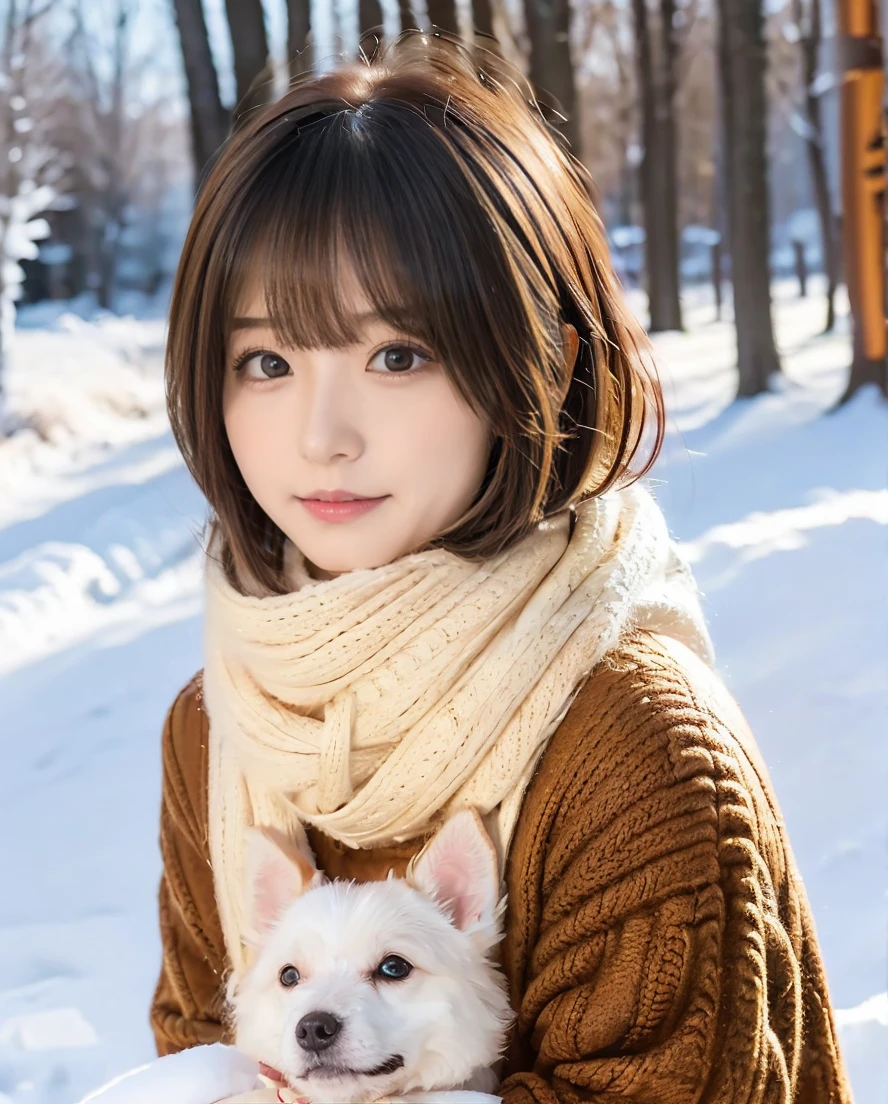 Being with a dog、A girl and a dog warming themselves by a bonfire、Lens flare、Hair blowing in the wind、Medium Short Hair、Fluffy scarf in warm colors、Expressing the whiteness of one's breath、Photo from the waist up、Night city illumination shot、Cowgirl Shot、Fur coat、豪華なグレーのミンクのFur coat、Wear fine leather boots、Luxury Bags、Inner turtleneck、Silver necklace and small silver earrings Millionaire style:1.4))、Full body photo、smile、 Caustics、Highly detailed photos、Very beautiful woman 、Ample breasts、No makeup、(8K、RAW Photos、Highest quality、masterpiece:1.2)、(Realistic、Realistic)、1 Girl、((Medium Short Hair、Midwinter、Cold region Snow falling、The wind is blowing、Fluttering Hair、Blur the background、Colorful illuminations、Looking into the camera:1.4))、