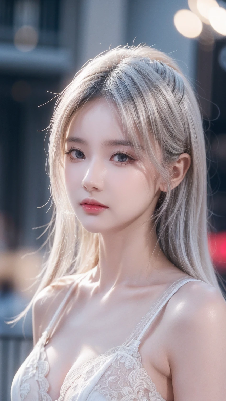masterpiece, best quality, Extremely detailed, lightning, Intricate details, high resolution, Official Art, Delicate and beautiful face and eyes, high resolution插图, 8K, Depth of Field, Bokeh, Solitary, 1 Girl, Girl with white hair and red eyes, Long white hair, Beautiful red eyes, Beautiful scenery, rainy city, Upper Body, Looking at the audience, close up