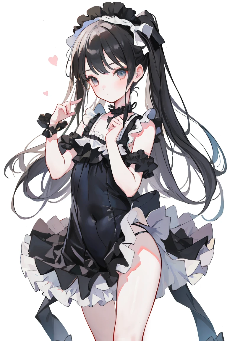 (1 Boy), solo,  Full-body portrait,  ta , Cute ，Black frilly swimsuit，Cute pose、Standing、White background, beautiful painting style, The Style, masterpiece, Top Quality, Highest quality, Ultra-high resolution with beautifully detailed lighting,