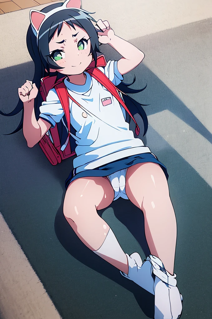 masterpiece, ultra quality, ultra sharp, ultra detailed, 1girl, solo, (((good anatomy))), haduki kurumi, (tattered torn dripping wet white gym shirt), navy gym pants, animal ears, randoseru, name tag, Japanese anime pose, laugh, BurumaShorts, Buruma, Gym Uniform, (((lying:1.4, spread_legs, legspread, split_legs, spreading legs)), (randoseru backpack:1.4), (smug smile), buruma, blue buruma, black buruma, (cameltoe), (tattered torn short sleeve white gym uniform with colored hem), (tiny nipples), (white long loose socks), strong lighting, legspread, bukkake, cum on clothes, cum on legs, cum on buruma, cum on bloomers,