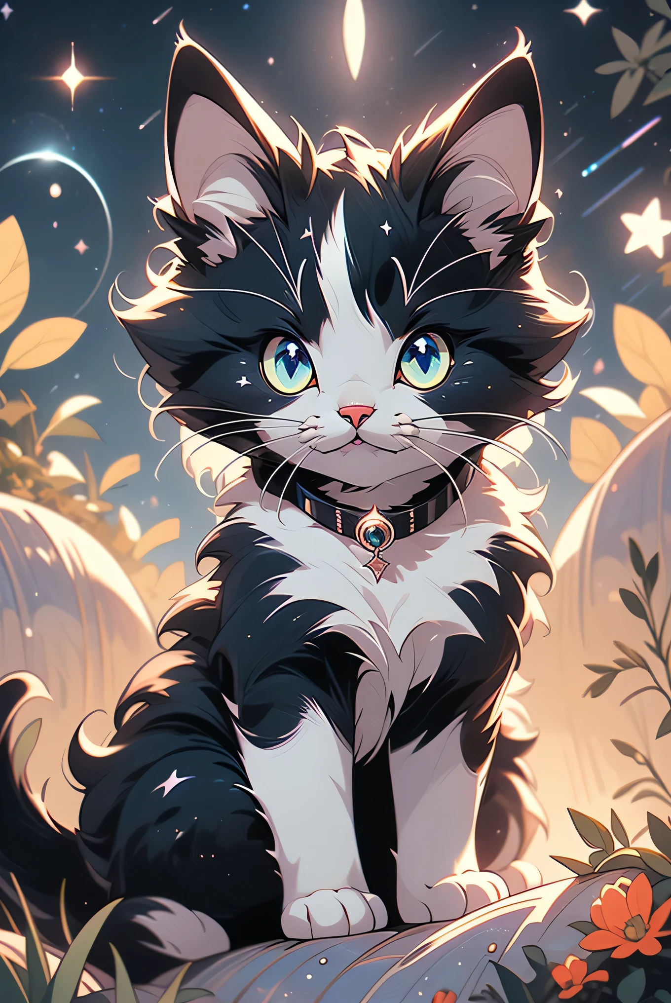 a close up of a cat sitting on a hill under a starry sky, vector art by Kubisi art, tumblr, furry art, felix cats, cats cat dreamcats, cat cat dreamcats, stars in her gazing eyes, night starry sky full of cats, dark and stars in the background, cats in outer space, moon, star pupils, short ears