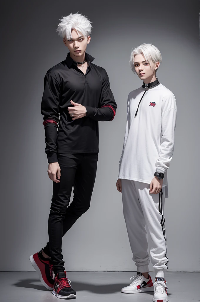 A 17-year-old villain with crimson red eyes and white hair wears a black shirt with long sleeves and a collar, dress pants and high-top sneakers with a watch on his left arm and two bracelets on his right arm, one with the sun and the other with the moon.