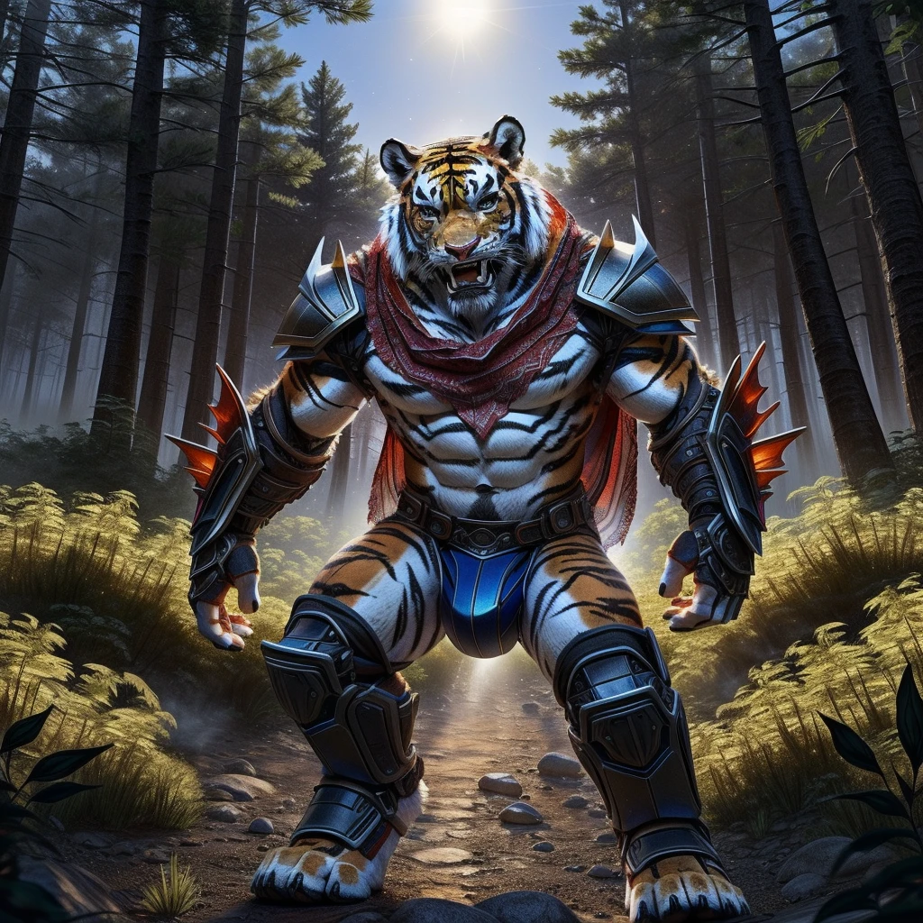 Tiger,Young Adults,Strong,handsome,warrior,Sexy body,毛茸茸的Tiger爪,Scantily clad(Scapula,Armor knee pads,Crotch bulge,The genitals are extremely prominent,The outline of the genitals is clearly visible,Red torn shawl,Bare chest and abdomen,Bare thighs,barefoot),expression(vigilante,Gnashing of teeth),action(Standing,vigilante),Alone,Looking angrily at the camera,Challenge the camera character to a duel,environment(Clearing in open forest,There are sparse low weeds around,There are pine trees in the distance)